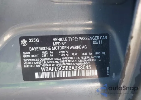 2011 BMW 335I xDrive из США, поврежденный, VIN WBAPL5C58BA983045